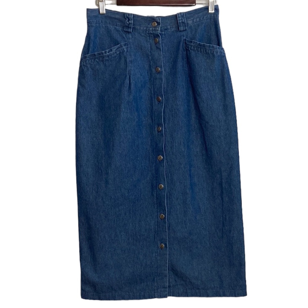 Vintage Midi Skirt Womens Large Blue Jean Cotton Straight Pockets Button Front